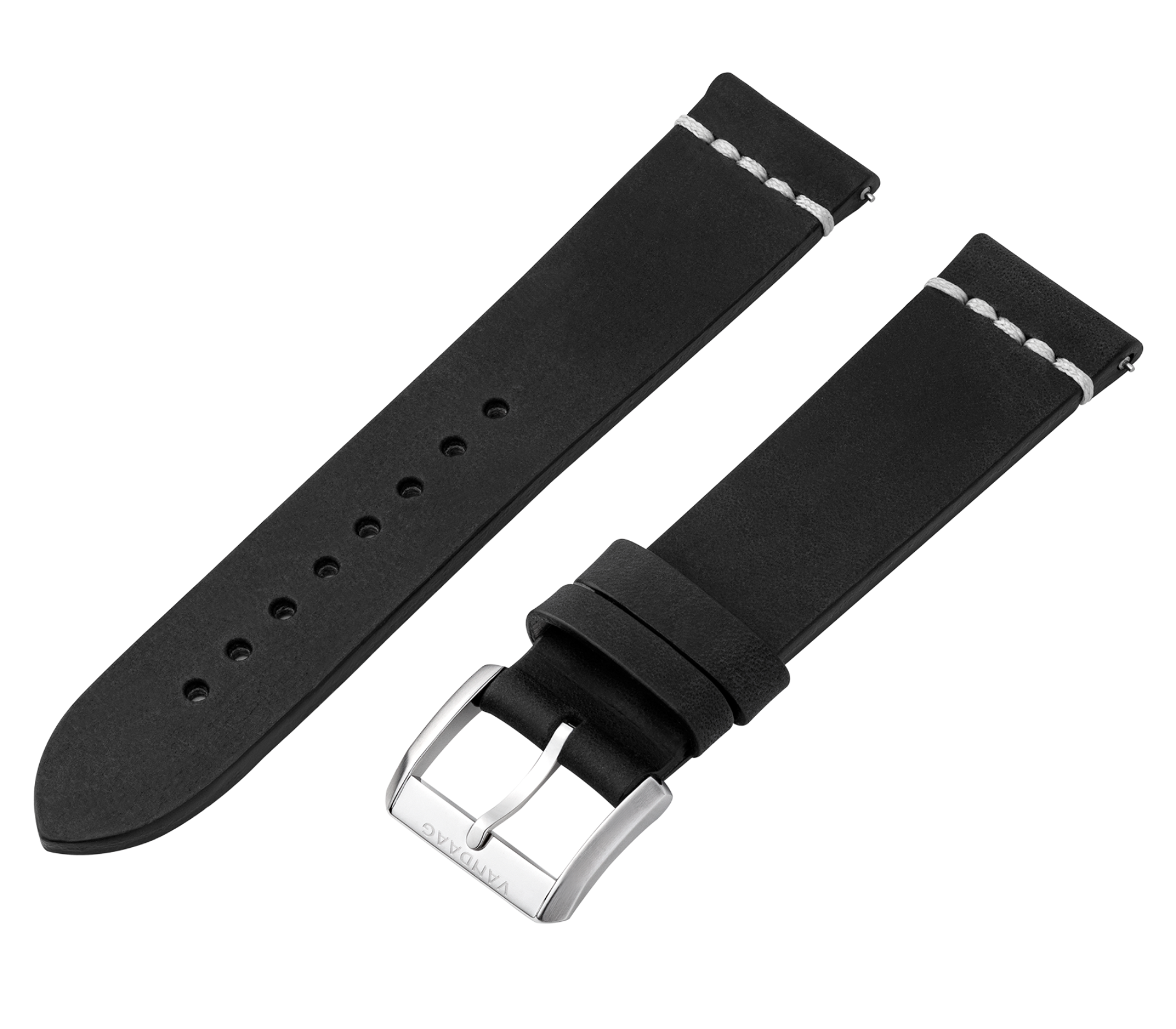 "Tweede Pelle" Cowhide strap - 22mm, black with white stitching, steel buckle