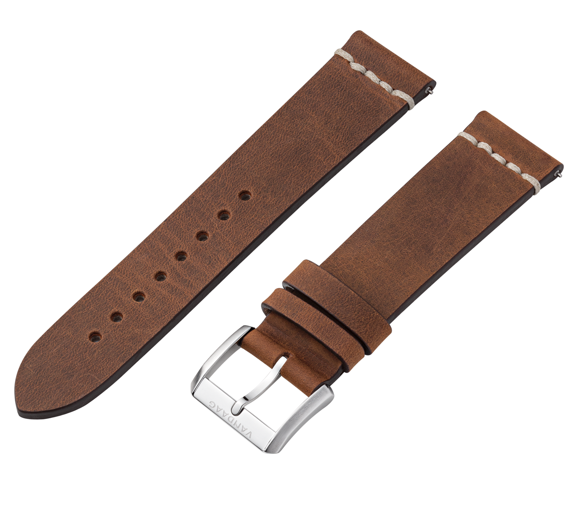 "Tweede Pelle" Cowhide strap - 22mm, brown with white stitching, steel buckle