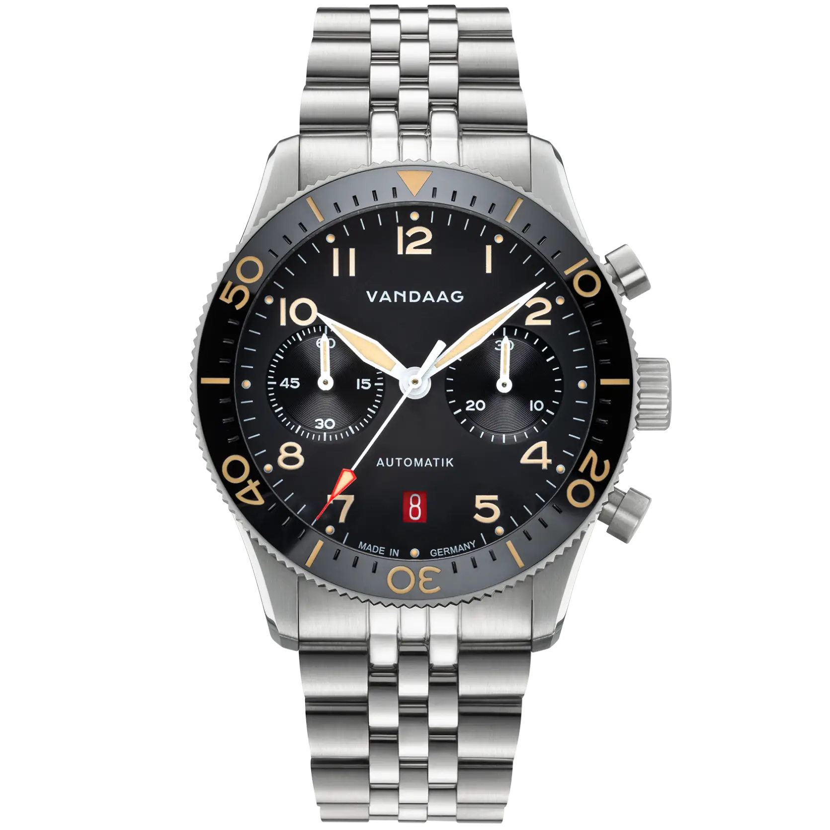 Massives 5-gliedriges 316L Edelstahlband mit verschraubten Kürzungsgliedern für die einfache Längenanpassung und mit massiver Faltschließe mit Schnelljustierung.