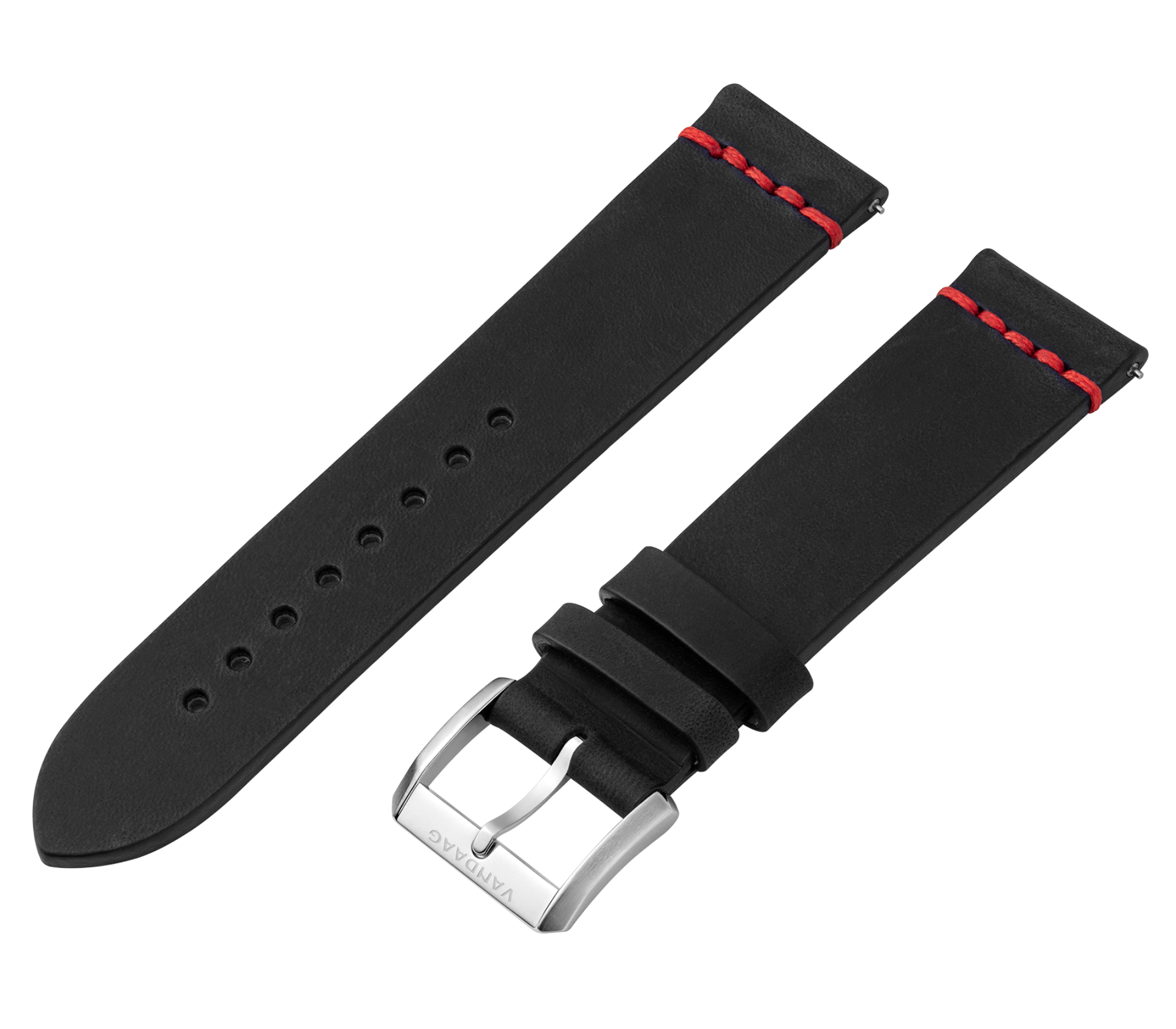 "Tweede Pelle" Cowhide strap - 22mm, black with red stitching, steel buckle